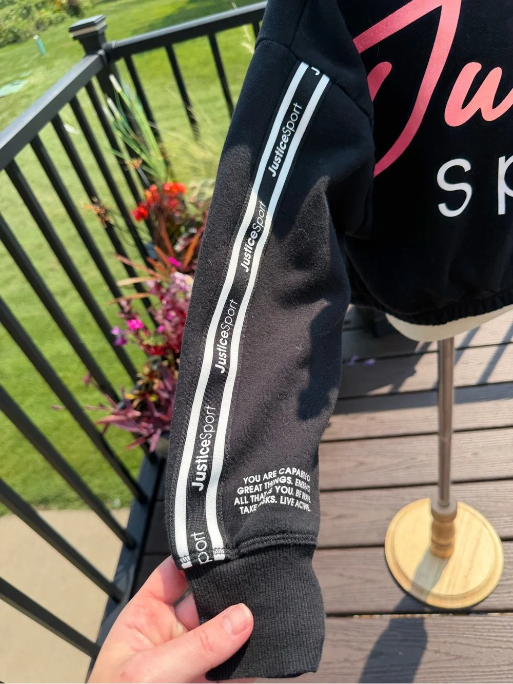 Justice Girls Black Hoodie Size 10 Medium Sport Logo Stripe Sweatshirt
